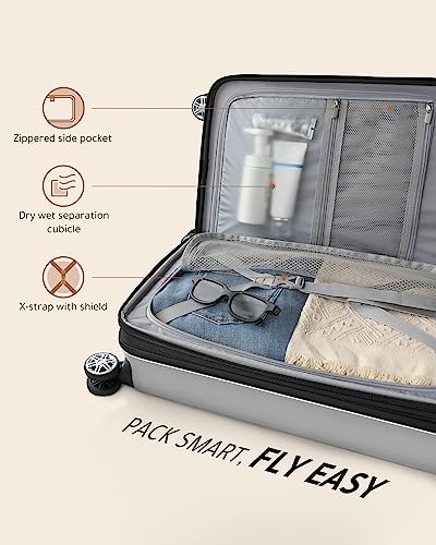 LUGGEX Silver Carry On Luggage 22x14x9 Airline Approved, Hard Shell Luggage with USB Port, Travel Suitcase with Wheels and Pocket Compartment