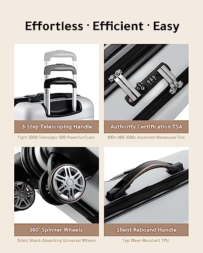 LUGGEX Silver Carry On Luggage 22x14x9 Airline Approved, Hard Shell Luggage with USB Port, Travel Suitcase with Wheels and Pocket Compartment