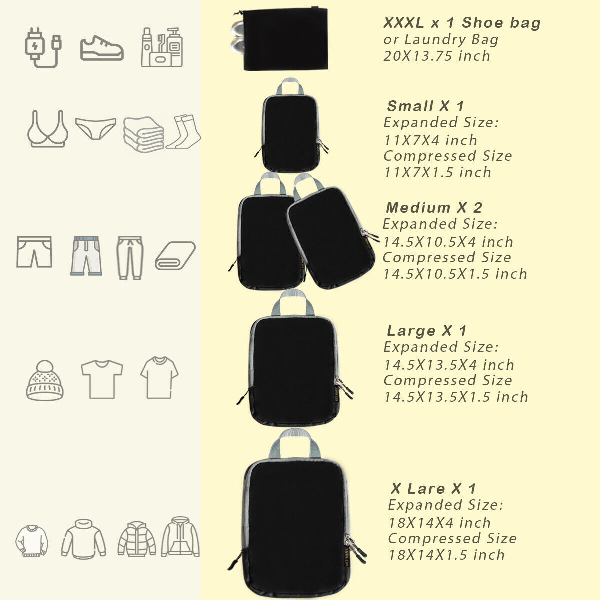 Compression Packing Cubes- 6 Set Travel Expandable Packing Oranizers Lightweight
