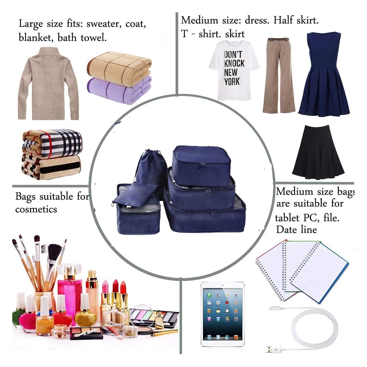 Travel Storage Bags - 6Pcs Packing Cubes Organizer