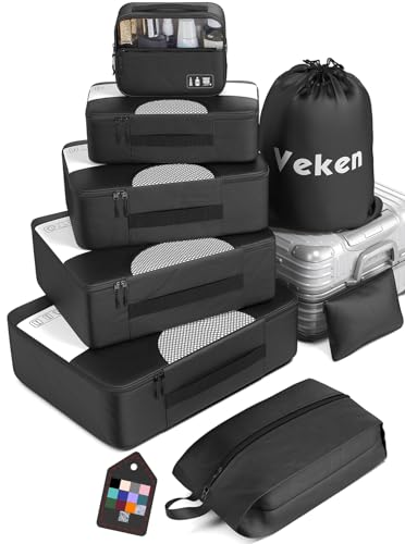 8 Set Packing Cubes for Suitcases, Travel Bag Organizers for Carry on Luggage, Veken Suitcase Organizer Bags Set for Travel Essentials Travel Accessories in 4 Sizes(Extra Large, Large, Medium, Small), Black