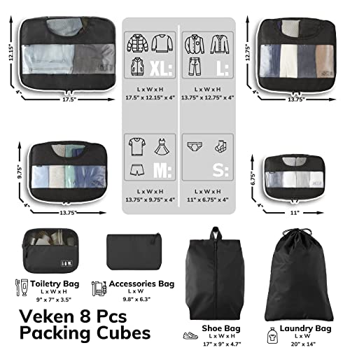 8 Set Packing Cubes for Suitcases, Travel Bag Organizers for Carry on Luggage, Veken Suitcase Organizer Bags Set for Travel Essentials Travel Accessories in 4 Sizes(Extra Large, Large, Medium, Small), Black