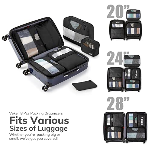 8 Set Packing Cubes for Suitcases, Travel Bag Organizers for Carry on Luggage, Veken Suitcase Organizer Bags Set for Travel Essentials Travel Accessories in 4 Sizes(Extra Large, Large, Medium, Small), Black