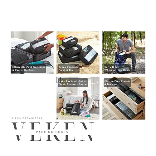 8 Set Packing Cubes for Suitcases, Travel Bag Organizers for Carry on Luggage, Veken Suitcase Organizer Bags Set for Travel Essentials Travel Accessories in 4 Sizes(Extra Large, Large, Medium, Small), Black