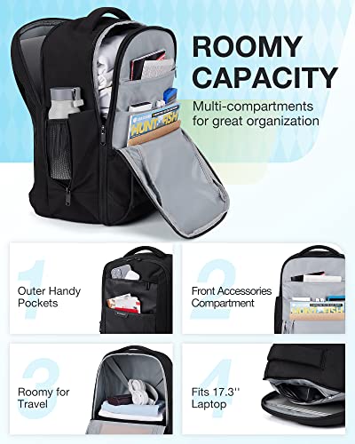 BAGSMART Travel Backpack for Men, Carry On Backpack Flight Approved for Weekend Trip, Women/Mens 17.3 inch Laptop Backpack for Work Travel Commuter with Water-resistant, Black