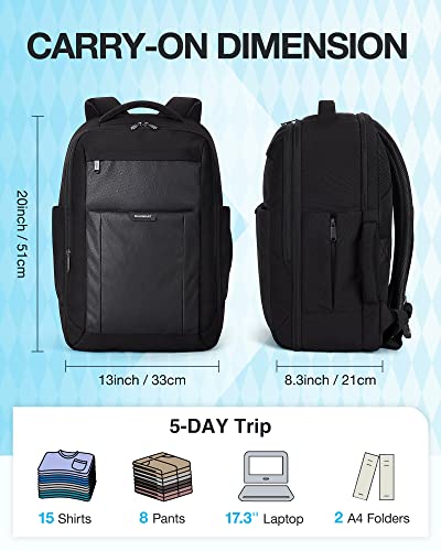 BAGSMART Travel Backpack for Men, Carry On Backpack Flight Approved for Weekend Trip, Women/Mens 17.3 inch Laptop Backpack for Work Travel Commuter with Water-resistant, Black