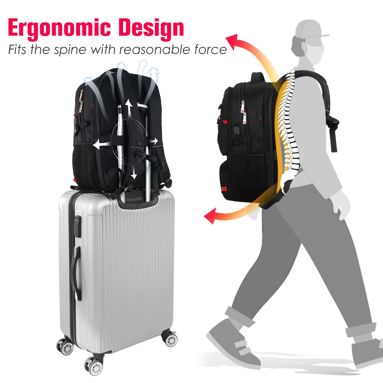 50L Extra Large Durable Travel Computer Backpack Waterproof 17" Laptop Bag Black