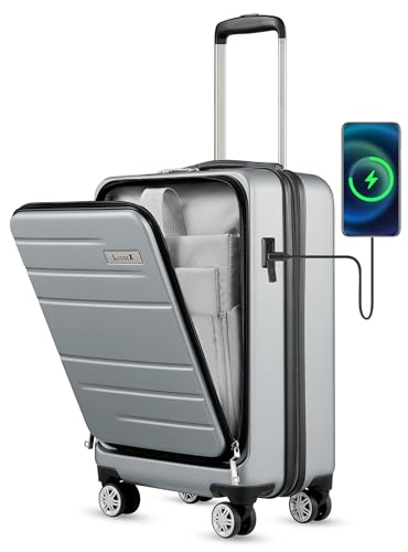 LUGGEX Silver Carry On Luggage 22x14x9 Airline Approved, Hard Shell Luggage with USB Port, Travel Suitcase with Wheels and Pocket Compartment
