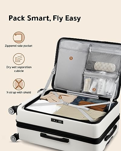 LUGGEX White 26" Expandable Spinner Suitcase, Front Opening