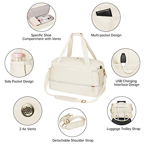 Gym Bag for Women, Sports Travel Duffel Bag with USB Charging Port, Weekender Overnight Bag with Wet Pocket and Shoes Compartment for Women, Travel, Gym, Yoga (Beige) Medium