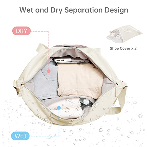 Gym Bag for Women, Sports Travel Duffel Bag with USB Charging Port, Weekender Overnight Bag with Wet Pocket and Shoes Compartment for Women, Travel, Gym, Yoga (Beige) Medium