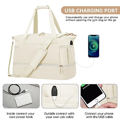 Gym Bag for Women, Sports Travel Duffel Bag with USB Charging Port, Weekender Overnight Bag with Wet Pocket and Shoes Compartment for Women, Travel, Gym, Yoga (Beige) Medium
