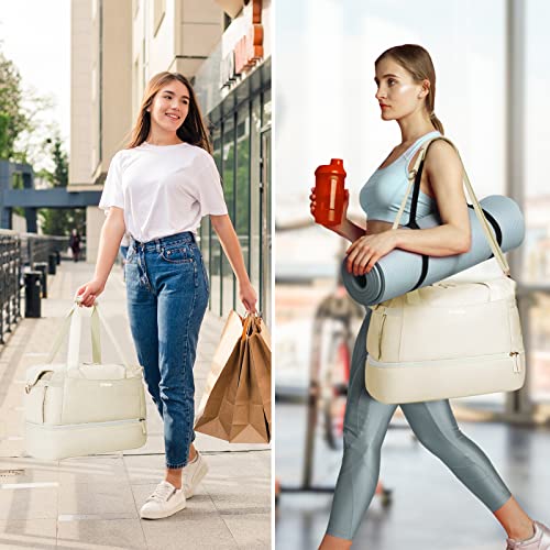 Gym Bag for Women, Sports Travel Duffel Bag with USB Charging Port, Weekender Overnight Bag with Wet Pocket and Shoes Compartment for Women, Travel, Gym, Yoga (Beige) Medium