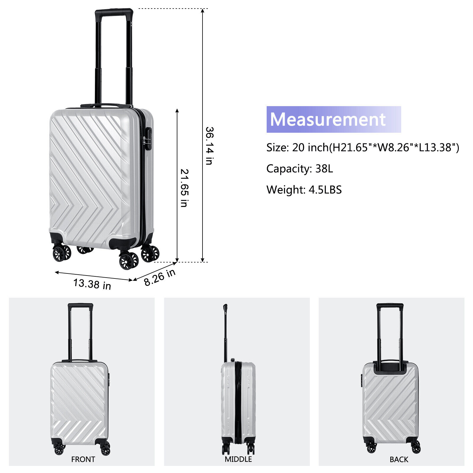 20 Inch Lightweight Carry On Suitcase, Hard Shell Luggage with Spinner Wheels