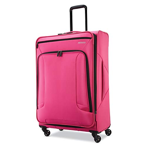 American Tourister 4 Kix Expandable Softside Luggage with Spinner Wheels, Pink, Checked-Medium 25-Inch