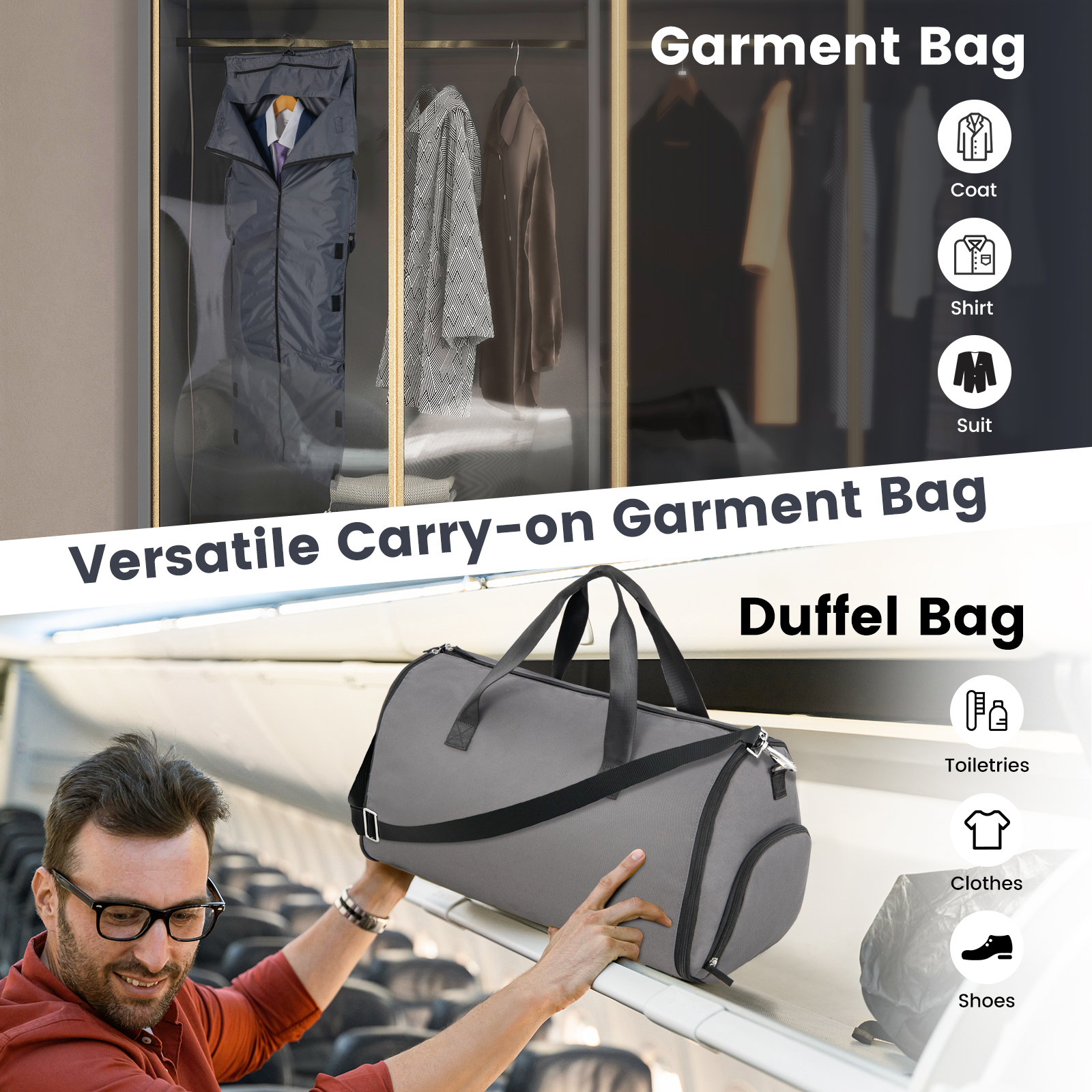 2-in-1 Hanging Duffel Suit Bag with Shoe Compartment