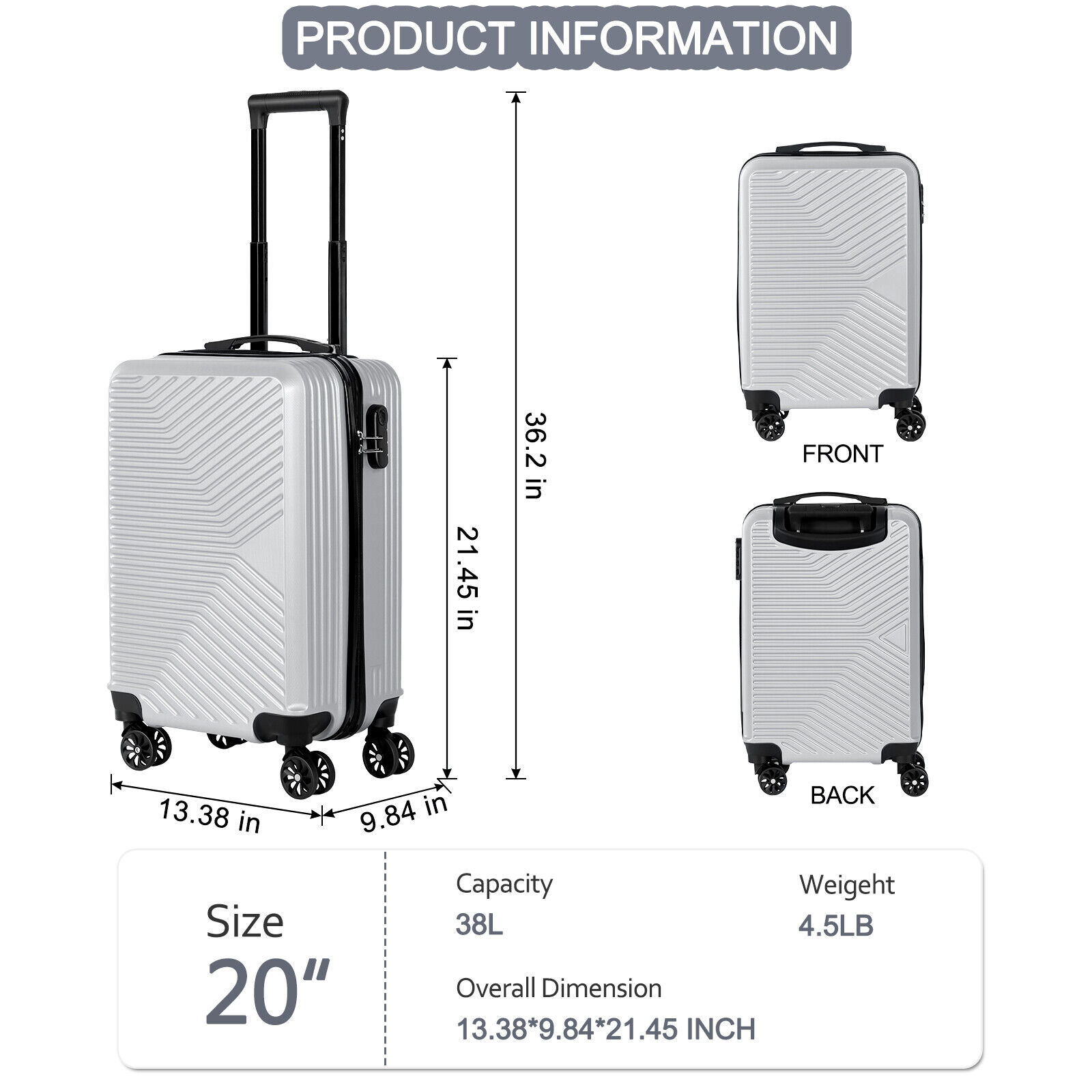 20 Inch Carry On Luggage Airline Approved Hard Shell Travel Suitcase with Wheels