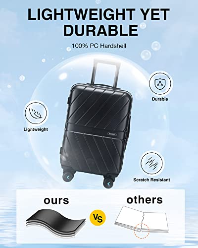 BAGSMART Carry On Luggage Airline Approved, 1OO% PC Lightweight Carry On Hardside Suitcase, 20 Inch Hard Shell Luggage with Spinner Wheels, Waterproof Rolling Suitcase for Men and Women, Black