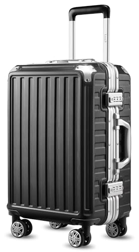 LUGGEX Carry On Luggage with Aluminum Frame, Polycarbonate Zipperless Luggage with Wheels, Black Hard Shell Suitcase 4 Metal Corner