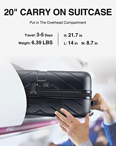 BAGSMART Carry On Luggage Airline Approved, 1OO% PC Lightweight Carry On Hardside Suitcase, 20 Inch Hard Shell Luggage with Spinner Wheels, Waterproof Rolling Suitcase for Men and Women, Black