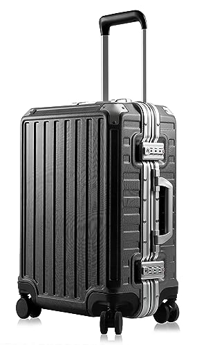 LUGGEX Carry On Luggage with Aluminum Frame, Polycarbonate Zipperless Luggage with Wheels, Black Hard Shell Suitcase 4 Metal Corner