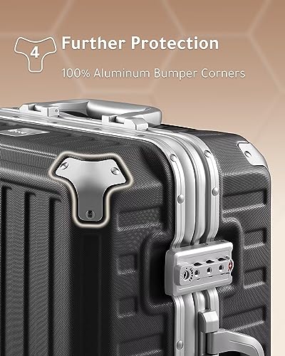 LUGGEX Carry On Luggage with Aluminum Frame, Polycarbonate Zipperless Luggage with Wheels, Black Hard Shell Suitcase 4 Metal Corner