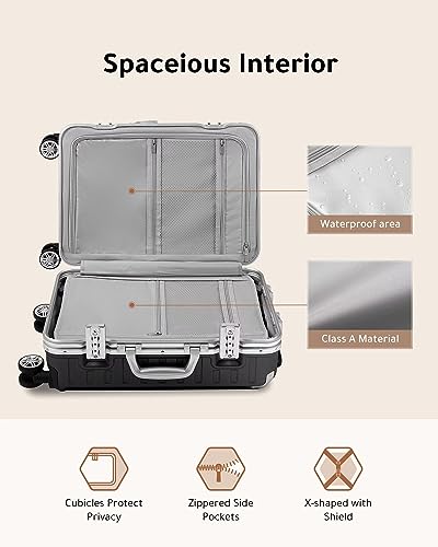 LUGGEX Carry On Luggage with Aluminum Frame, Polycarbonate Zipperless Luggage with Wheels, Black Hard Shell Suitcase 4 Metal Corner