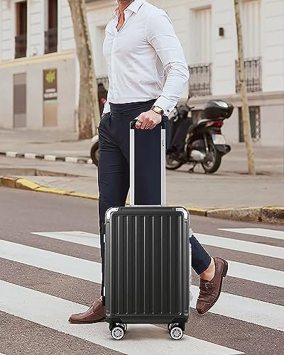 LUGGEX Carry On Luggage with Aluminum Frame, Polycarbonate Zipperless Luggage with Wheels, Black Hard Shell Suitcase 4 Metal Corner