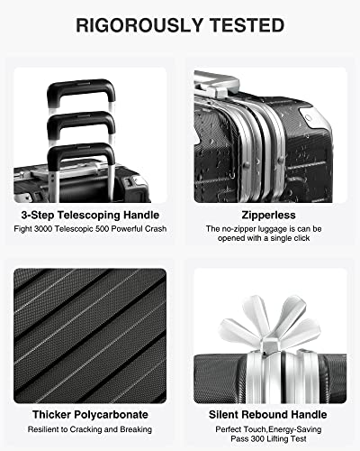 LUGGEX Carry On Luggage with Aluminum Frame, Polycarbonate Zipperless Luggage with Wheels, Black Hard Shell Suitcase 4 Metal Corner