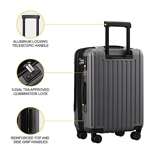 LEVEL8 Grace EXT Carry On Luggage, 20” Expandable Hardside Suitcase, ABS+PC Harshell SPinner Luggage with TSA Lock, Spinner Wheels - Grey, 20” Carry-On