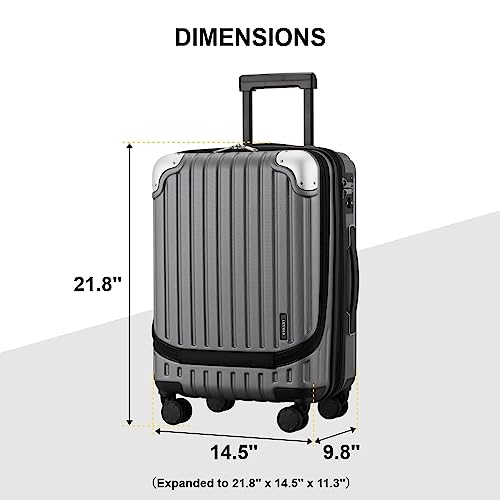 LEVEL8 Grace EXT Carry On Luggage, 20” Expandable Hardside Suitcase, ABS+PC Harshell SPinner Luggage with TSA Lock, Spinner Wheels - Grey, 20” Carry-On