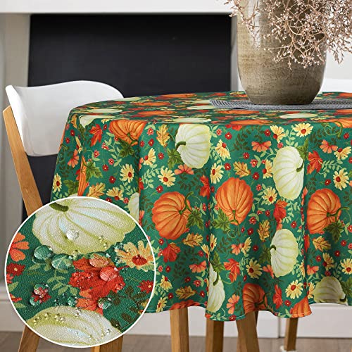 WELTRXE Round Tablecloth, 150cm Diameter, Faux Linen Digital Printing Table Cloth,Water Resistant Wipeable Polyester Table Cover,Christmas Thanksgiving Festive Outdoor Dining Decor,Pumpkin