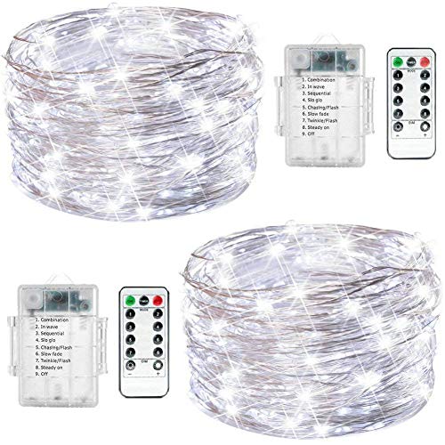 Fairy String Lights, 2 Set 33ft 100 Led Fairy Lights Battery Operated Silver Wire Lights with Remote Control, 8 Mode Waterproof Lights for Home Garden Bedroom Centerpiece Wedding Party (Cool White)