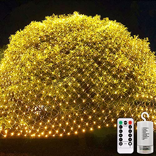 3m x 2m Outdoor Net Lights, Battery Operated 200 LED Lights Waterproof, 8 modes Remote Timer Dimmable Gazebo Curtain Ceiling Mesh Light for Bush Fence Party Christmas Tree Decoration, 2400K Warm White