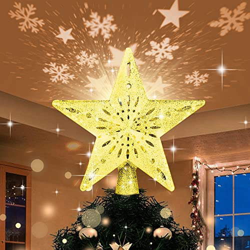 Christmas Tree Topper with LED Light Up Projector, 2 in 1 Gold Star Xmas Tree Topper, USB Powered Revolving Star Snow Projector for Christmas Tree Decorations Home Party Bedroom