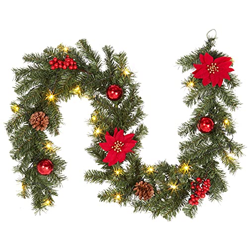 Adeeing Artificial Christmas Garland with 20 LED Lights, 6 FT Pre-lit Red Garland with Pine Cone Baubles Berry Xmas Flower ON/OFF Lighted Wreath for Door Fireplace Stairs Table Decoration