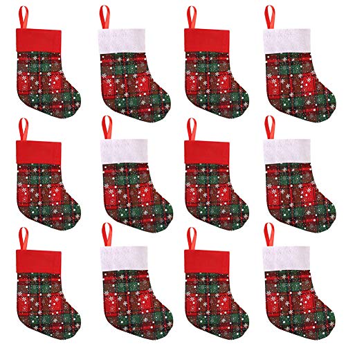 Christmas Stocking Set 12Pcs 9 Inch Small Christmas Stockings Xmas Stocking Decorations Snowflake Tableware Holders for Kids Candy Goodie Pouch Bags Gifts Holding Set Christmas Tree Party Ornament
