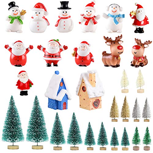 Feelava Christmas Miniature Ornament Kits 30 Pcs Mini Xmas Style Figurines Santa Claus Christmas Tree Snowman Reindeer Cute Cartoon Xmas Decor for Home Garden Party Decor Desktop Decoration