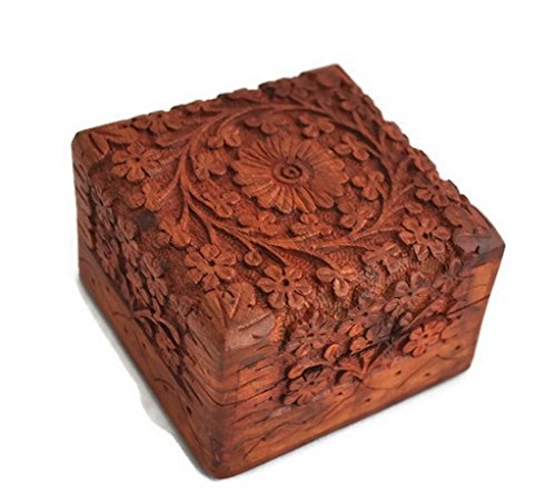 storeindya Sale Beautifully Hand Carved Wooden Keepsake Box Jewellery Chest Organiser Unique Gift Ideas for Men & Women (Design 9) 'Due to nature of the material and dye used, item may come in different shades of brown'