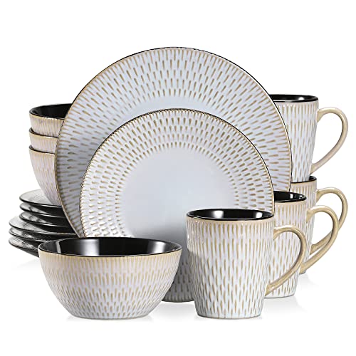 vancasso PLUVO Embossed Dinner Set, Stoneware Vintage Look Grey Dinnerware Tableware, 16 Pieces Dinner Service Set for 4, Include Dinner Plate, Dessert Plate, Cereal Bowl and Mug