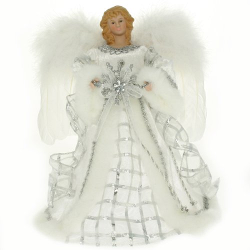 WeRChristmas Angel Decoration Christmas Tree Top Topper with Feather Wings, 25 cm - Silver/White