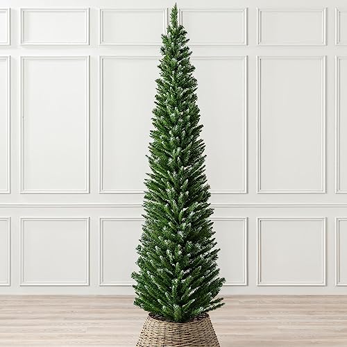 Snowy Pencil Christmas Tree: 7ft, Frosted & Slim