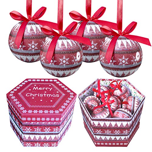The Christmas Workshop Set of 14 Christmas Baubles/Various Festive Designs/Gift Boxed Christmas Tree Decorations / 7.5cm Diameter Baubles (Red & White Nordic)