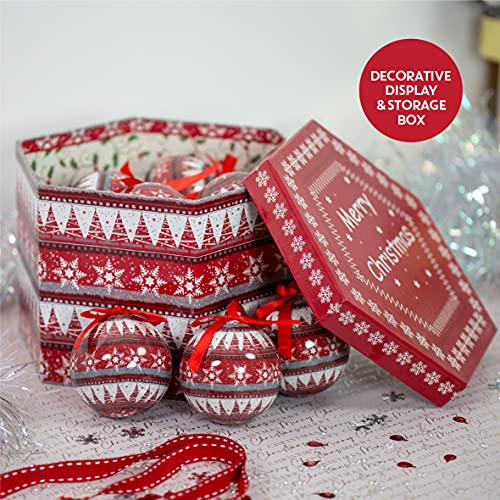 The Christmas Workshop Set of 14 Christmas Baubles/Various Festive Designs/Gift Boxed Christmas Tree Decorations / 7.5cm Diameter Baubles (Red & White Nordic)