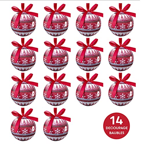 The Christmas Workshop Set of 14 Christmas Baubles/Various Festive Designs/Gift Boxed Christmas Tree Decorations / 7.5cm Diameter Baubles (Red & White Nordic)