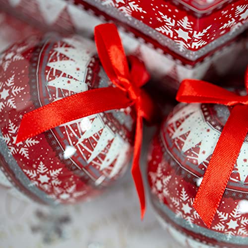 The Christmas Workshop Set of 14 Christmas Baubles/Various Festive Designs/Gift Boxed Christmas Tree Decorations / 7.5cm Diameter Baubles (Red & White Nordic)