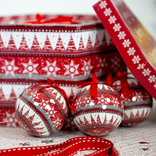 The Christmas Workshop Set of 14 Christmas Baubles/Various Festive Designs/Gift Boxed Christmas Tree Decorations / 7.5cm Diameter Baubles (Red & White Nordic)