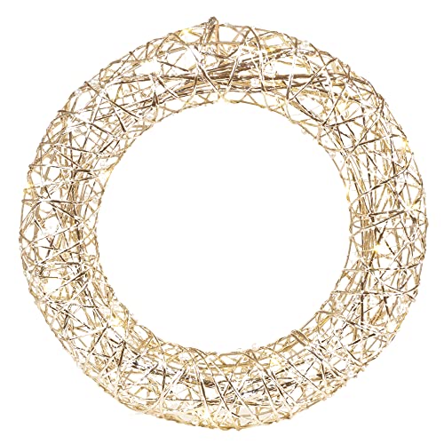 Light Up LED Festive Decorative Christmas Wall Door Hanging Wreath | Battery Operated Pre Lit Xmas Wreath (Gold Wire & White Pearls, 40cm with 30LEDs)