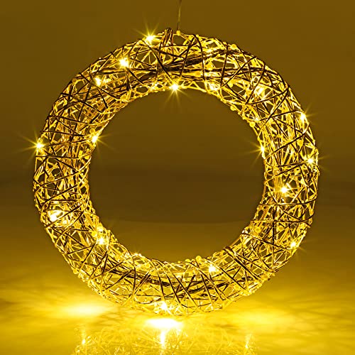 Light Up LED Festive Decorative Christmas Wall Door Hanging Wreath | Battery Operated Pre Lit Xmas Wreath (Gold Wire & White Pearls, 40cm with 30LEDs)