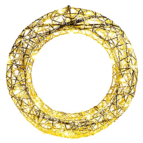 Light Up LED Festive Decorative Christmas Wall Door Hanging Wreath | Battery Operated Pre Lit Xmas Wreath (Gold Wire & White Pearls, 40cm with 30LEDs)